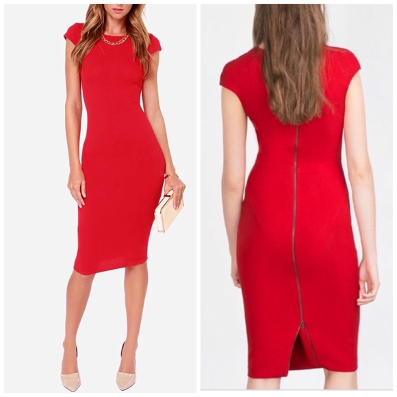 red fitted midi dress
